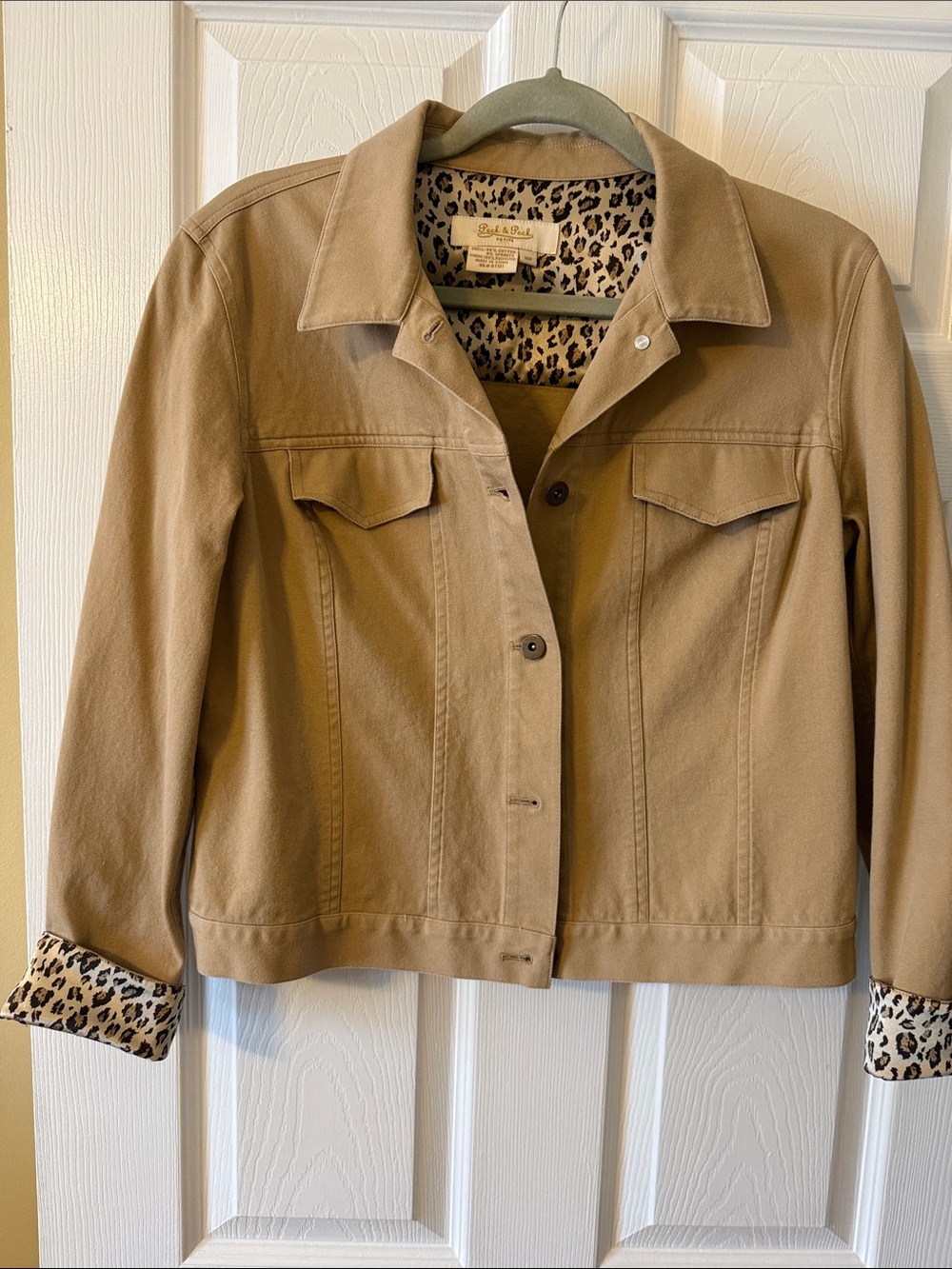 Peck & Peck Tan Jean Jacket with Leopard Trim